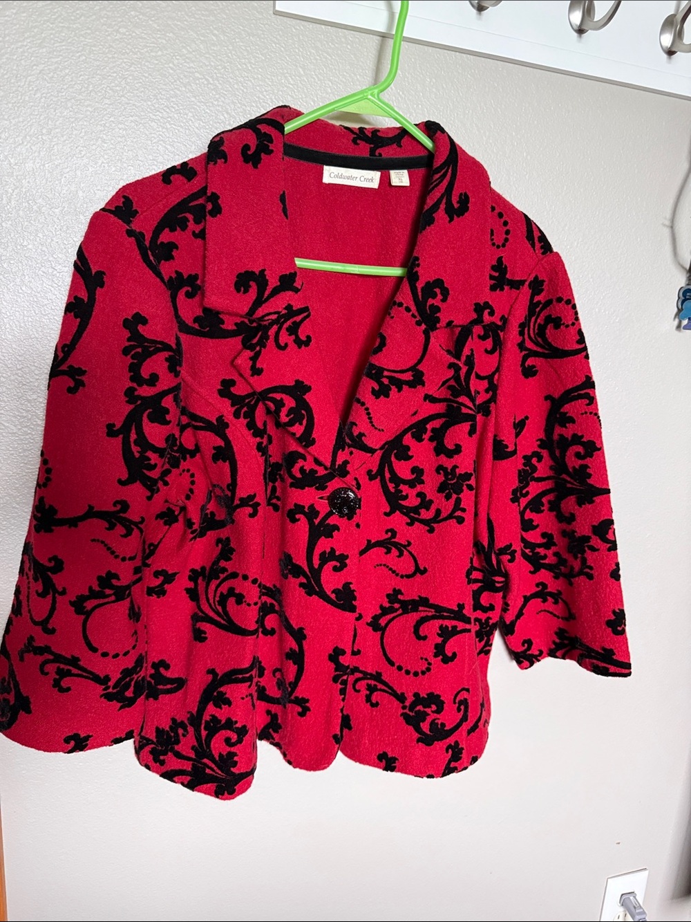 Coldwater Creek Red and Black Flocked Scroll Jacket